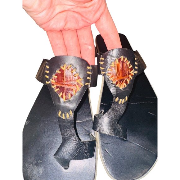 Handcrafted Leather Toe Ring Sandal Kwame B  8.5 Black Brown Sunburst Artsy Boho - Picture 6 of 11